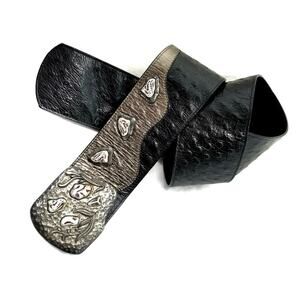 Vintage MZ New York Black Ostrich Leather Belt  Silver Buckle Gem Accents 32–36